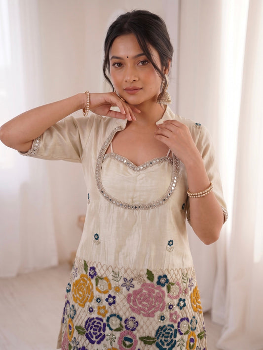 Ivory Shimmer Co-Ord Set – Mirror Embroidered Elegance