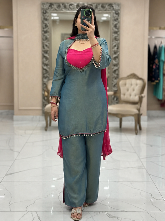 Boutique Luxe Palazzo Set – Pearl & Mirror Designer Wear