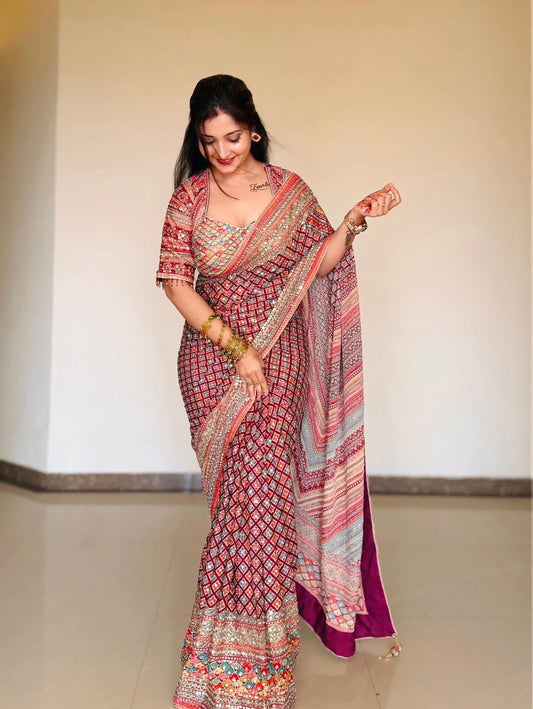 Mirror Shine Saree – Chinnon Print with Zari & Diamond Work