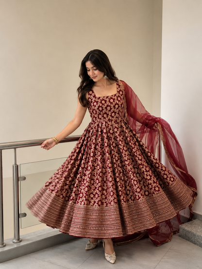 Royal Chanderi Anarkali Set – Thread & Sequence Elegance