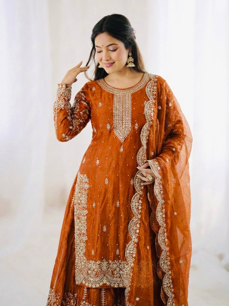 Premium Fndy Silk Sequence Work Kurta Palazzo Set