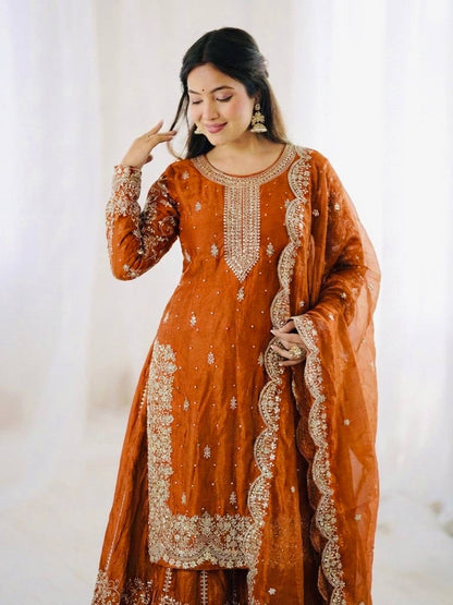 Premium Fndy Silk Sequence Work Kurta Palazzo Set