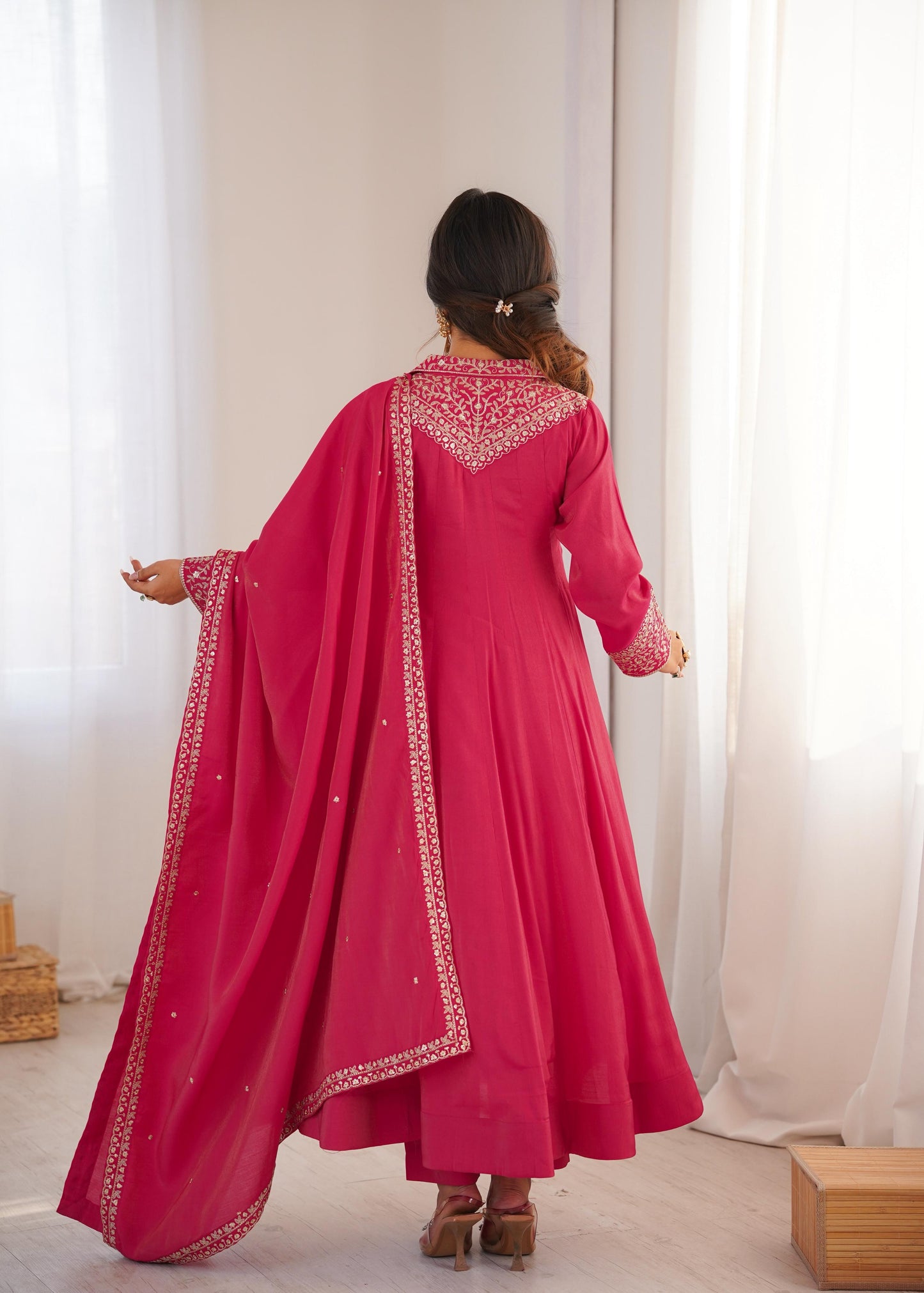 Premium Roman Shimmer Silk Anarkali Set with Dupatta & Pant