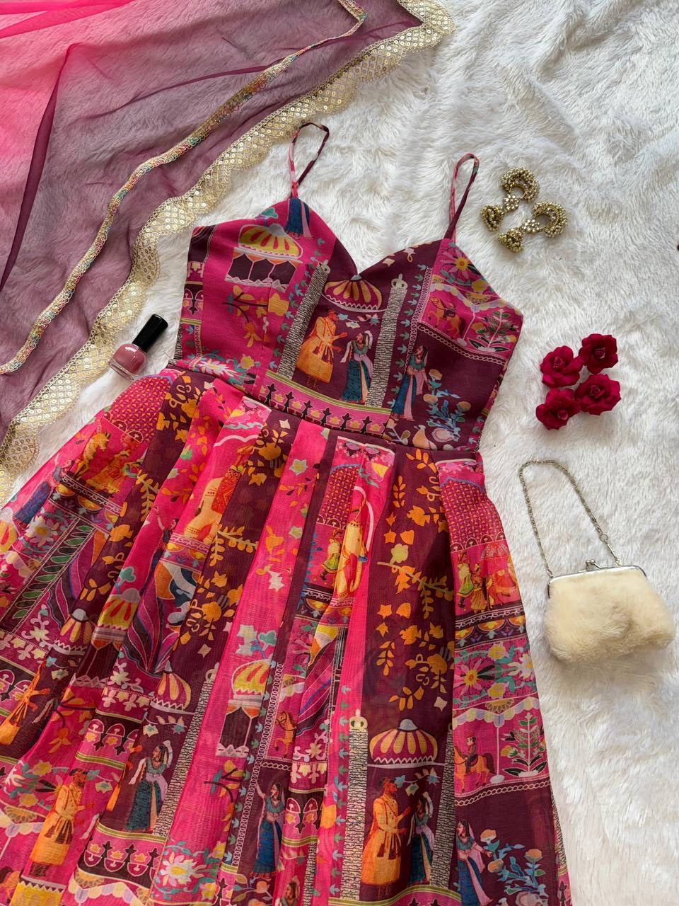 Gulnaar Digital Print Flared Anarkali Set