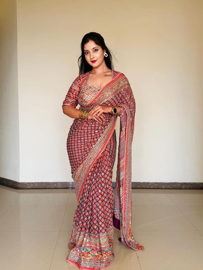 Mirror Shine Saree – Chinnon Print with Zari & Diamond Work