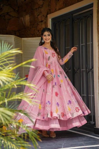 Floral Embroidered Gown Sharara Set – Star Georgette Designer Wear