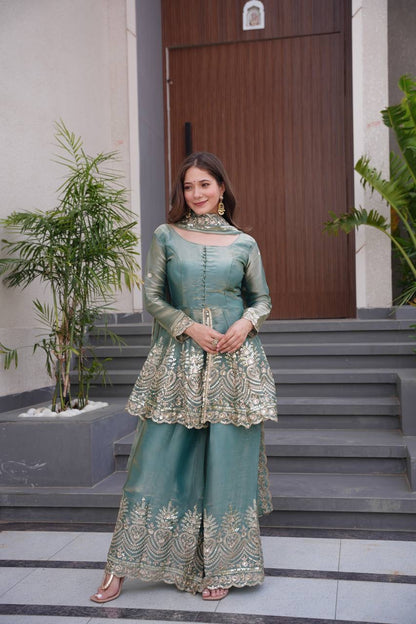 Fendy Satin Silk Gown Sharara Set with Mirror Work |