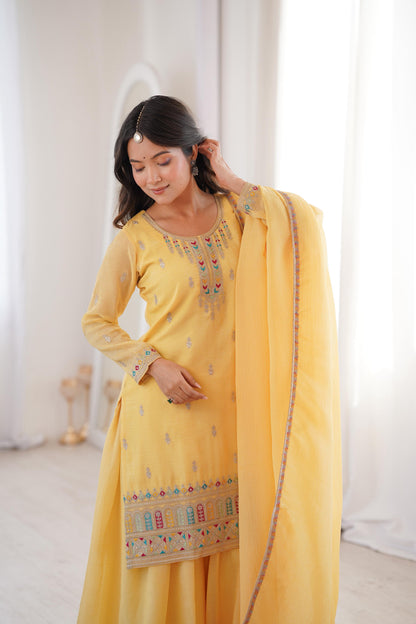 Pure Soft Crunchy Silk Sharara Set with Multicolor Embroidery