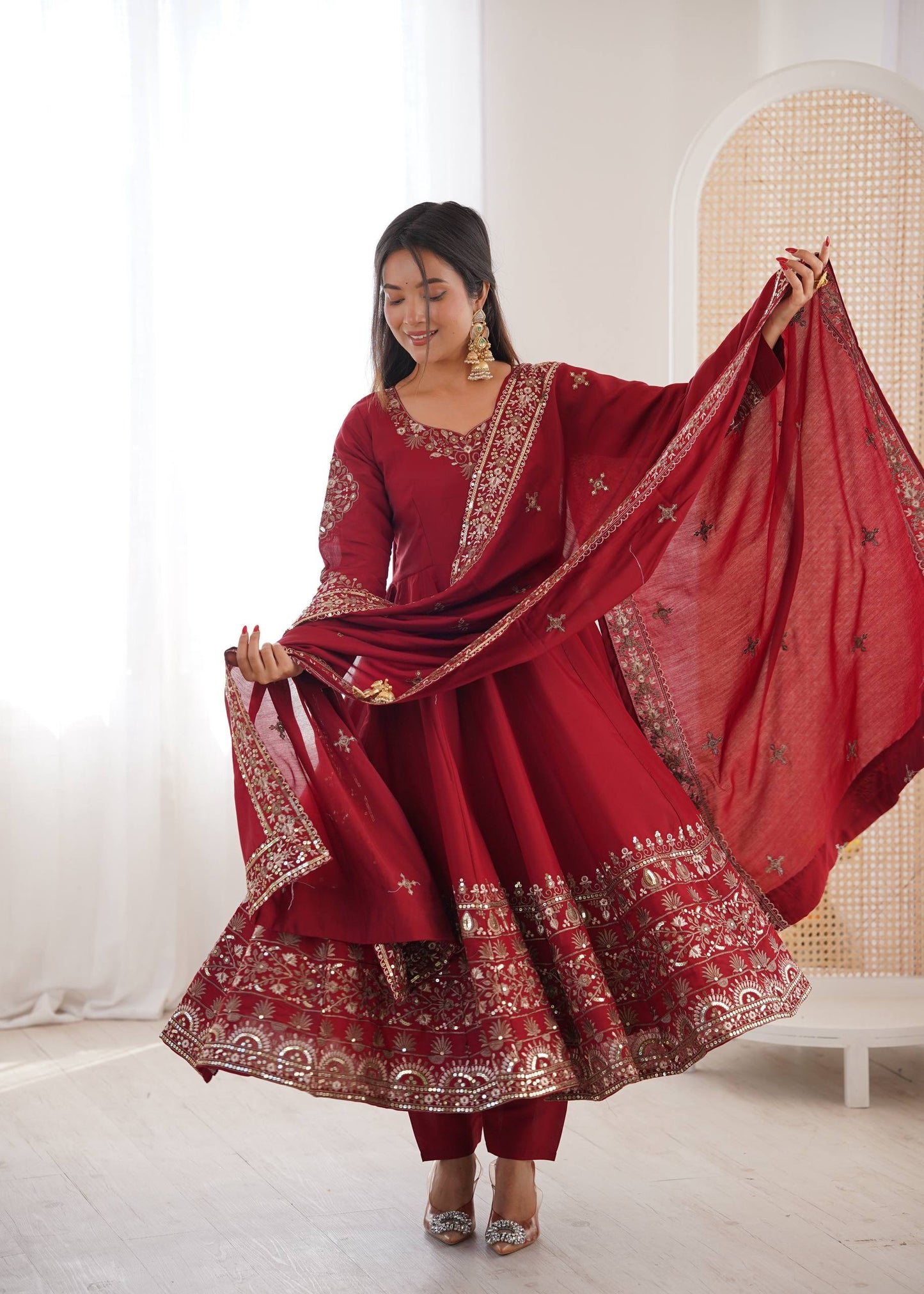Elegant Embroidered Sequence Designer Anarkali 3-Piece Set
