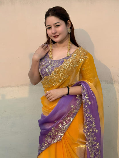 Designer Mango Zari Saree with Stitched Blouse