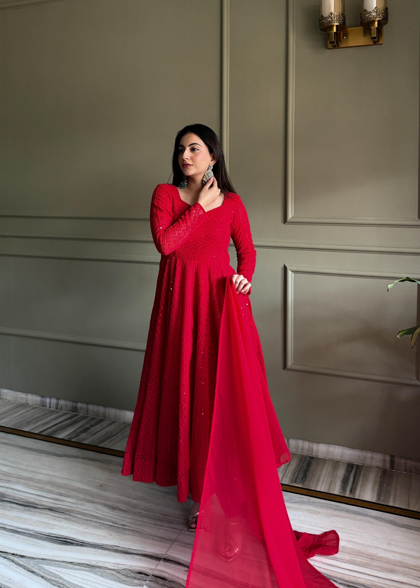 Red Lucknowi Chikankari Set