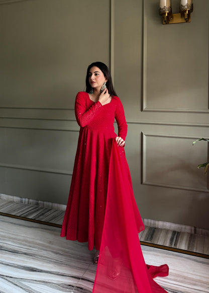 Red Lucknowi Chikankari Set
