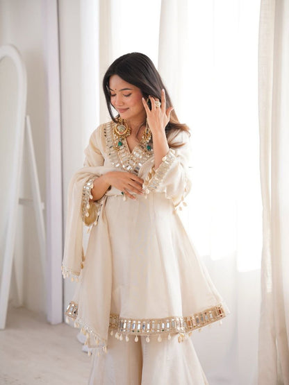 Premium Chinon Mirror Work Palazzo Set With Kodi Lace Dupatta
