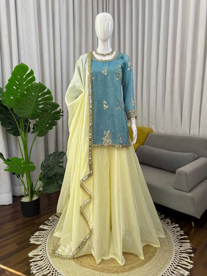 Premium Fendy Silk Mirror Work Plazo Set with Dupatta