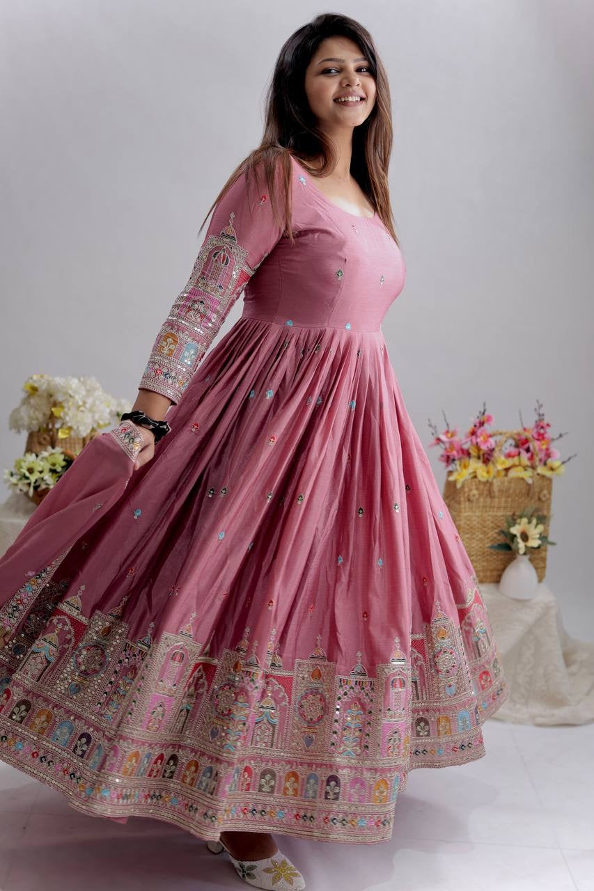 Designer Cinon Silk Embroidered Gown Pant Dupatta Set