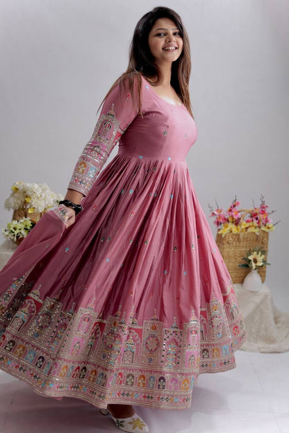 Designer Cinon Silk Embroidered Gown Pant Dupatta Set