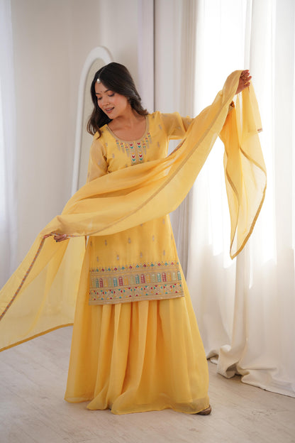 Pure Soft Crunchy Silk Sharara Set with Multicolor Embroidery