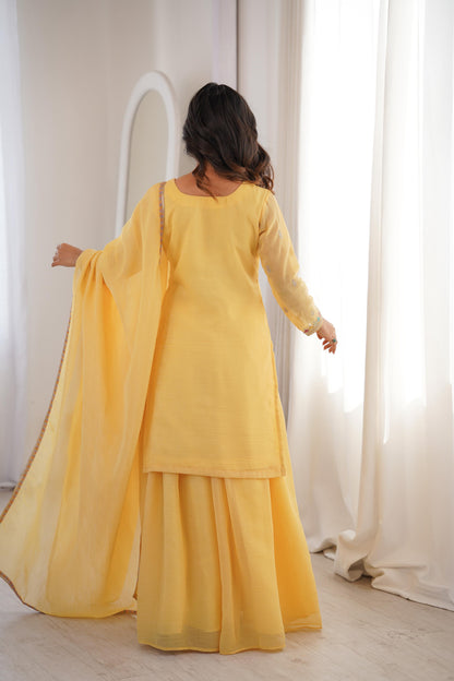 Pure Soft Crunchy Silk Sharara Set with Multicolor Embroidery