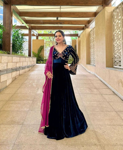 Designer Royal Velvet Anarkali with Lace Dupatta
