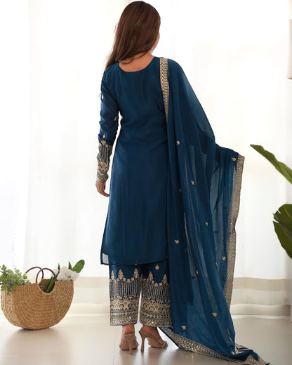 Pure Chinon Silk Embroidered Kurta Set with Dupatta & Trouser