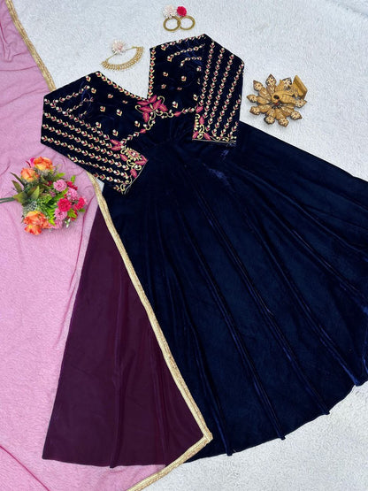 Designer Royal Velvet Anarkali with Lace Dupatta