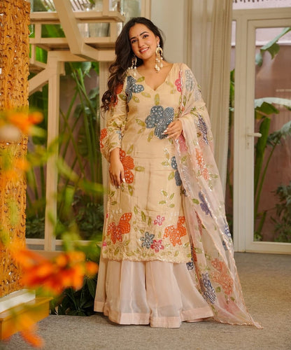 Brush Print Plazzo Set – Organza Silk Designer Outfit