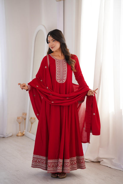 Premium Dark Red Vichitra Silk Embroidered Anarkali Gown with Dupatta