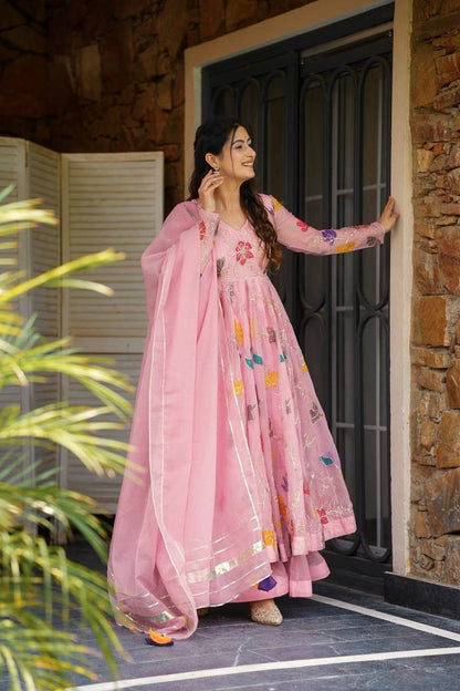 Floral Embroidered Gown Sharara Set – Star Georgette Designer Wear