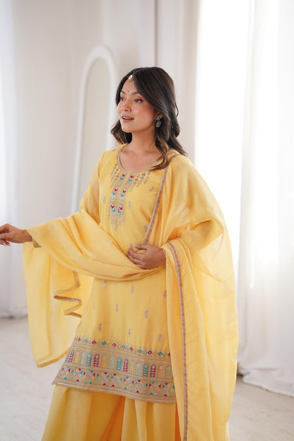 Pure Soft Crunchy Silk Sharara Set with Multicolor Embroidery