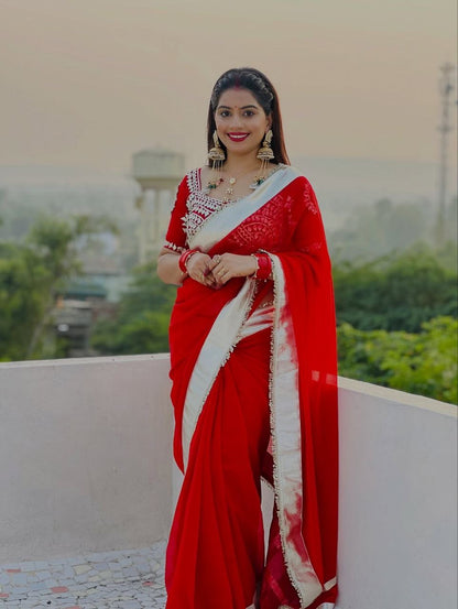 Premium Hand Charkhi Gotta Patti Saree With Stitch Blouse
