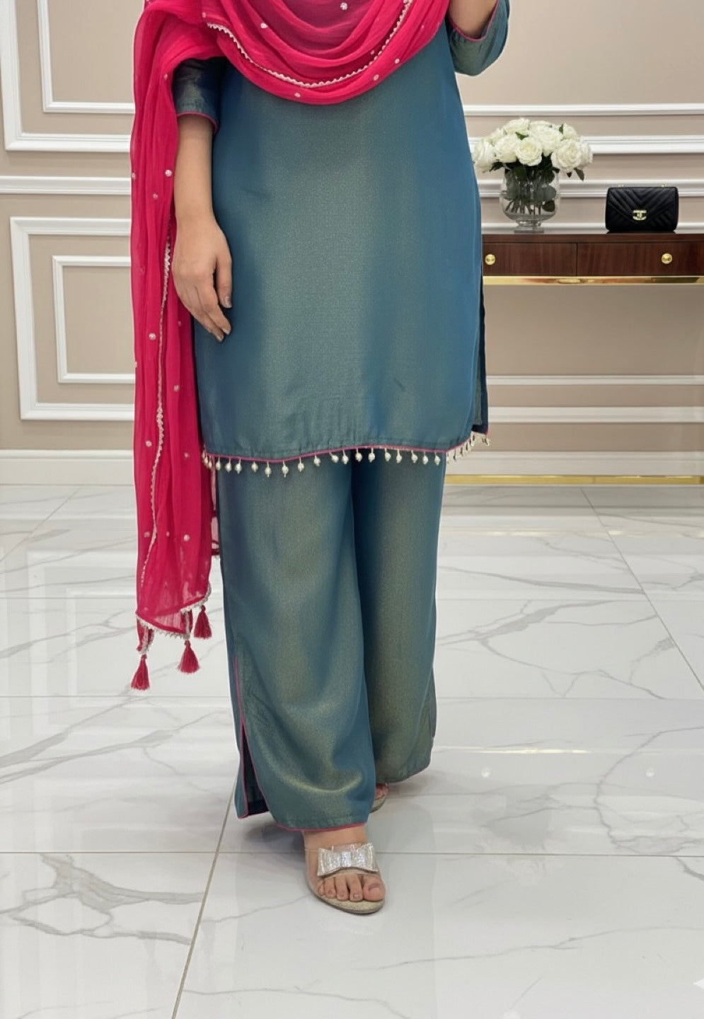 Boutique Luxe Palazzo Set – Pearl & Mirror Designer Wear