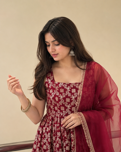 Royal Chanderi Anarkali Set – Thread & Sequence Elegance