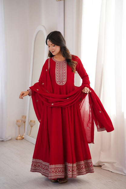 Premium Dark Red Vichitra Silk Embroidered Anarkali Gown with Dupatta