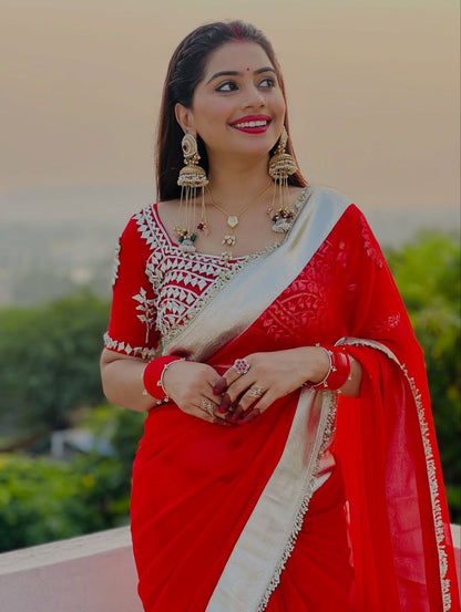 Premium Hand Charkhi Gotta Patti Saree With Stitch Blouse
