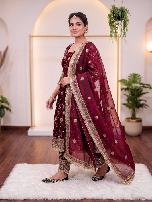 Royal Fendy Silk Gown Set – Sequins Embroidered Elegance