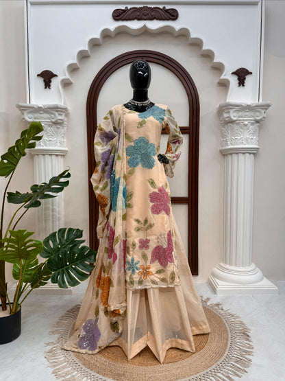 Brush Print Plazzo Set – Organza Silk Designer Outfit
