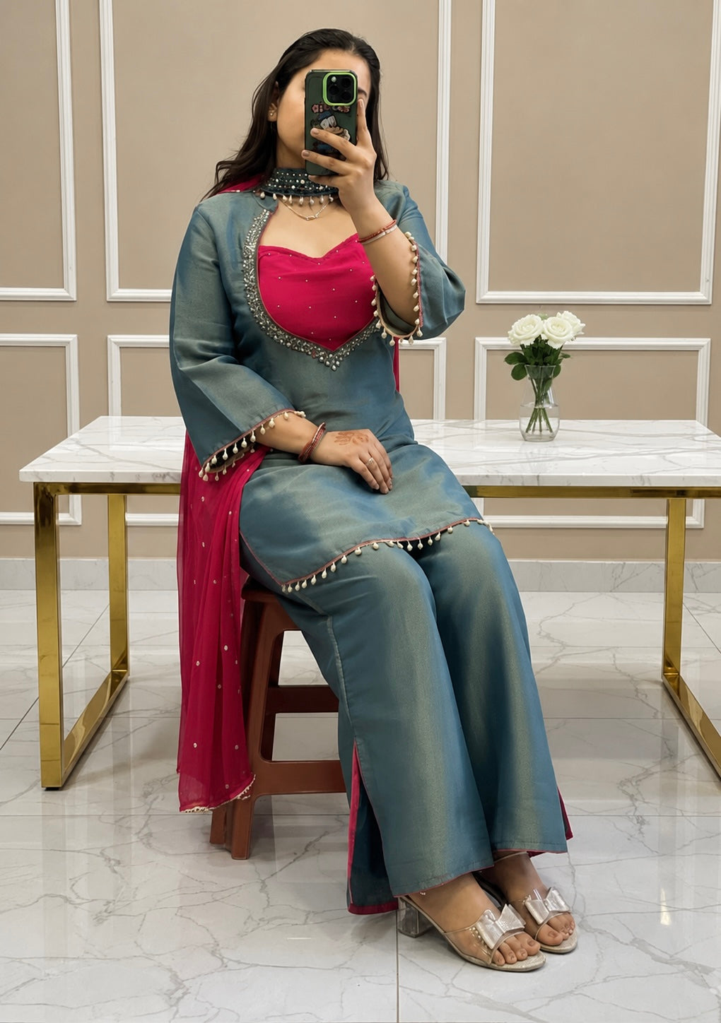 Boutique Luxe Palazzo Set – Pearl & Mirror Designer Wear