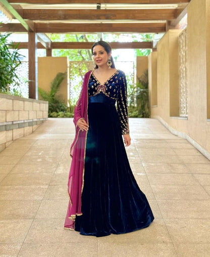 Designer Royal Velvet Anarkali with Lace Dupatta