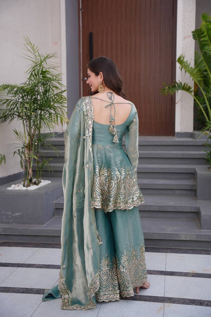 Fendy Satin Silk Gown Sharara Set with Mirror Work |