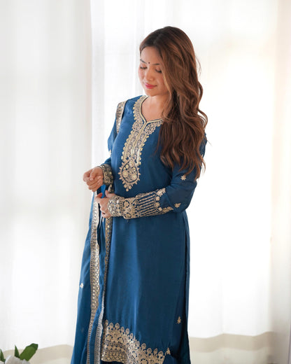 Pure Chinon Silk Embroidered Kurta Set with Dupatta & Trouser
