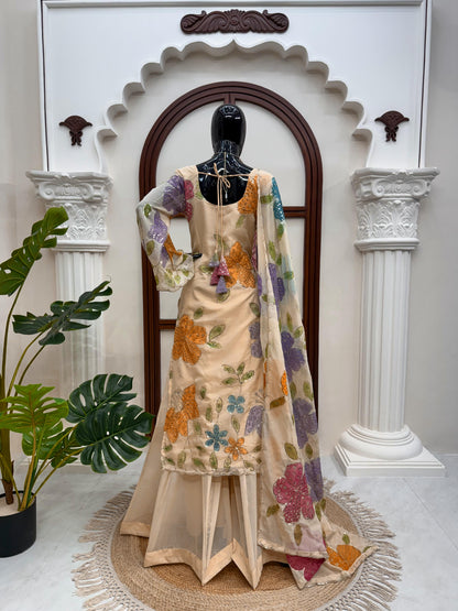 Brush Print Plazzo Set – Organza Silk Designer Outfit
