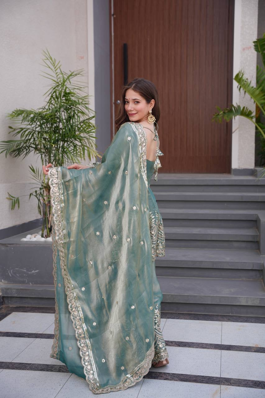 Fendy Satin Silk Gown Sharara Set with Mirror Work |