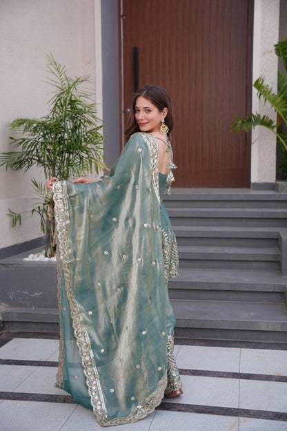 Fendy Satin Silk Gown Sharara Set with Mirror Work |