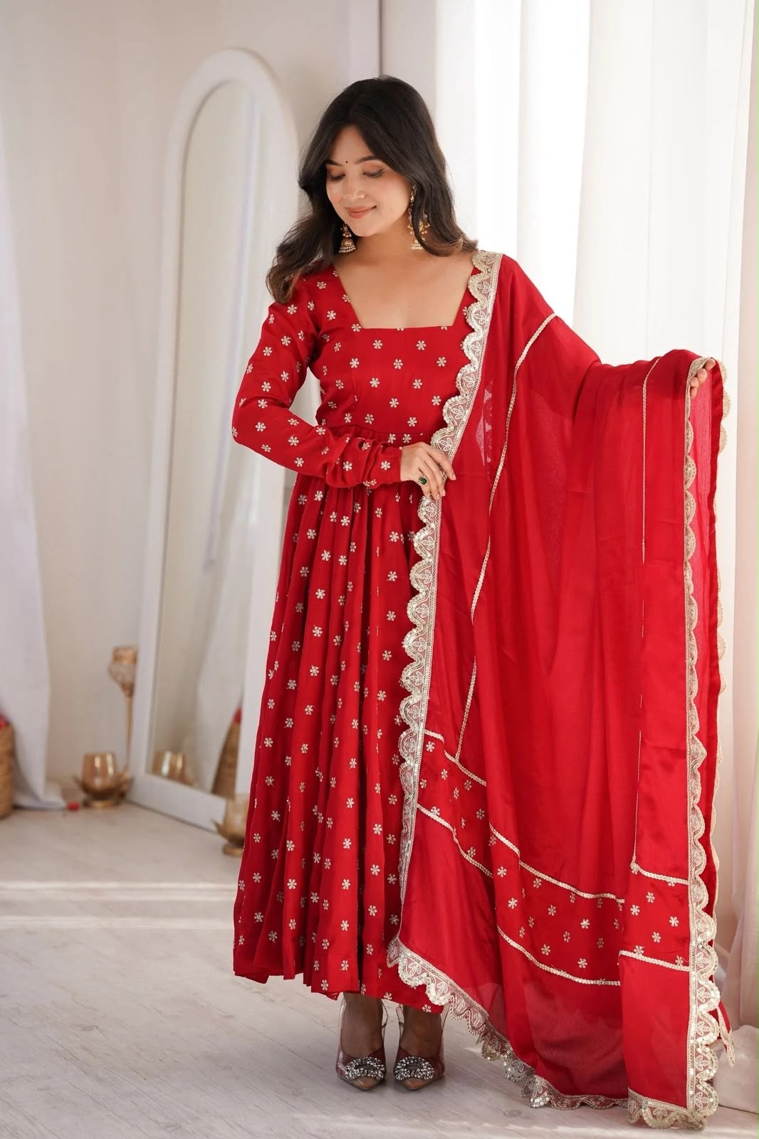 Rakhi Royal Anarkali – 6 Meter Flair Chinon Silk Set