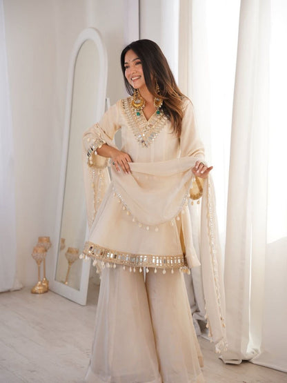 Premium Chinon Mirror Work Palazzo Set With Kodi Lace Dupatta