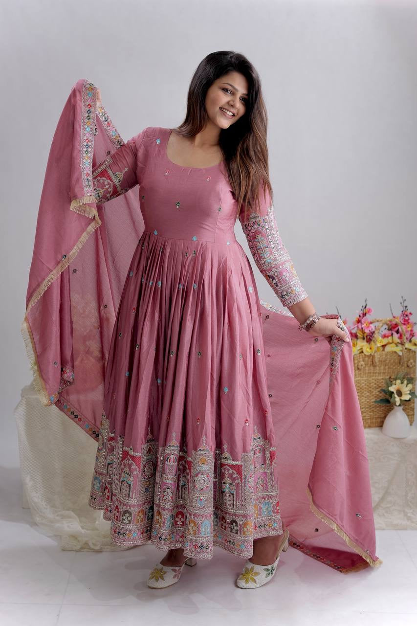 Designer Cinon Silk Embroidered Gown Pant Dupatta Set