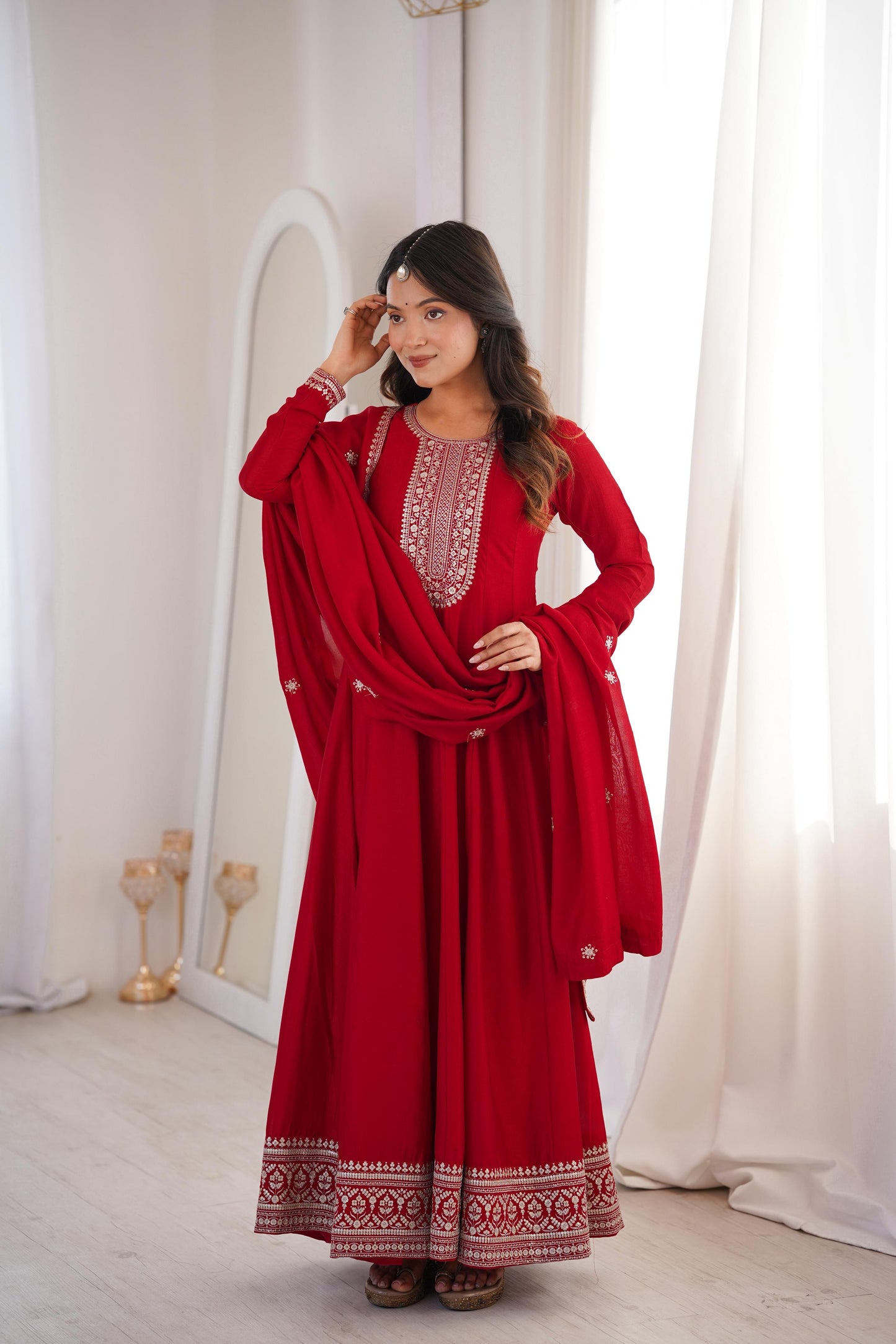 Premium Dark Red Vichitra Silk Embroidered Anarkali Gown with Dupatta