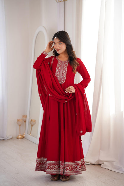 Premium Dark Red Vichitra Silk Embroidered Anarkali Gown with Dupatta