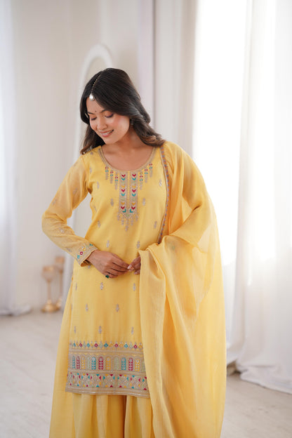 Pure Soft Crunchy Silk Sharara Set with Multicolor Embroidery