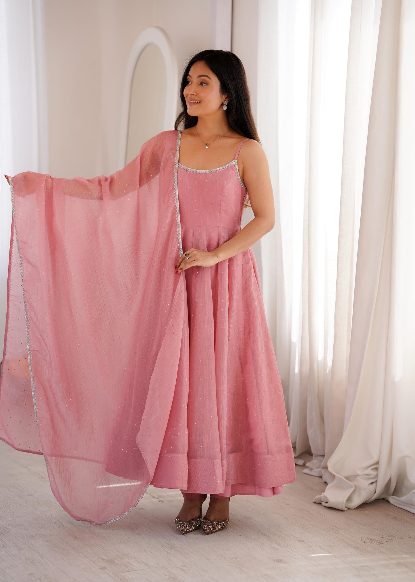Siroski Shine Anarkali – Crunchy Silk Designer Set